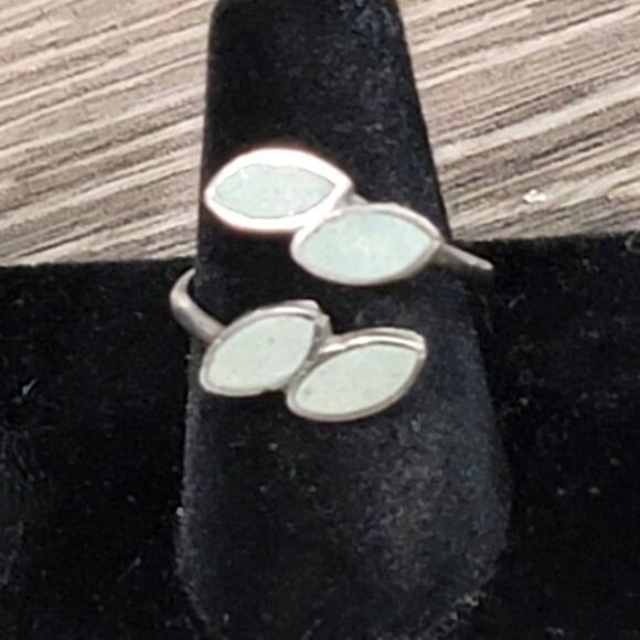 Sterling Silver Signed LP Turquoise Ring Adjustable Leaf Inlay Ring Size 7 - Picture 5 of 7